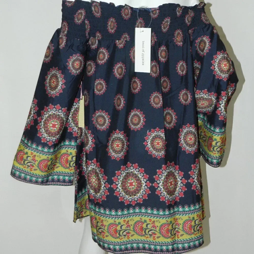 Band of Gypsies Zoe & Rose Dress Blue‎ Floral Off The Shoulder Bell Sleeves Mini